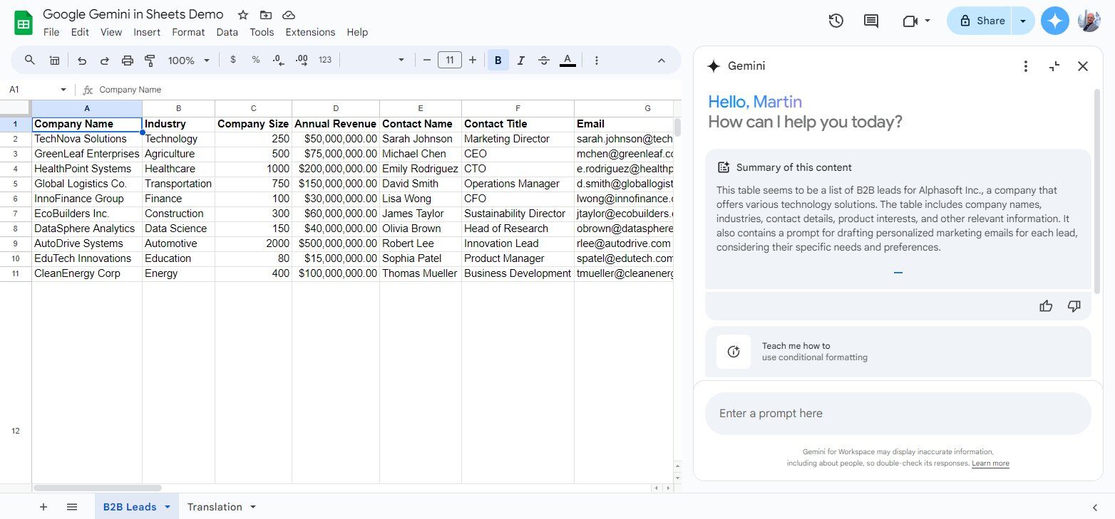 Google Gemini for Sheets Screenshot