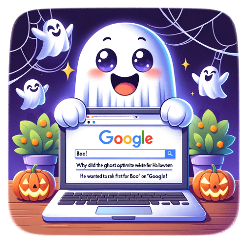 DALL·E 2023-10-27 08.49.18 - Photo illustration of a cheerful ghost with a laptop, showing a Google search page with the top result highlighting the word boo. Caption_ Why did -1