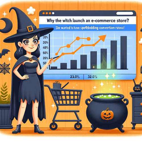 Illustration of a witch, wearing a pointed hat, standing next to a modern e-commerce dashboard displaying graphs with rising conversion rates. 