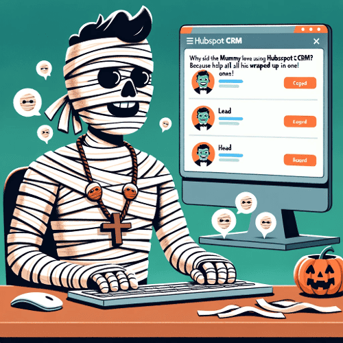 Illustration of a mummy, wrapped in bandages, working at a computer with the HubSpot CRM interface open. Lead icons are wrapped like mini mummies