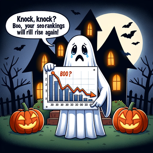 DALL·E 2023-10-27 09.06.43 - Illustration of a ghost with a sad face, holding a downward-trending SEO ranking chart, with haunted houses in the background. Caption_ Knock, knock-1