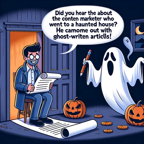 Illustration of a content marketer emerging from a spooky haunted house with a ghostly figure writing on parchment next to him. Caption_ Did you hear-1