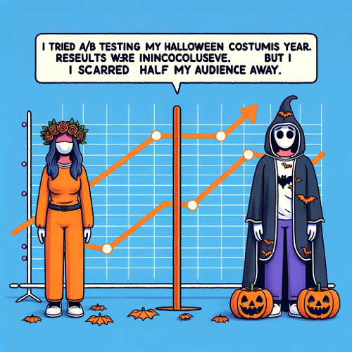 Photo illustration of a marketer in two contrasting Halloween costumes, with a graph splitting the image, showing a drop in audience engagement on one-1