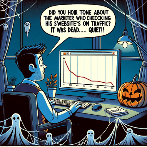 Illustration of a concerned marketer looking at a computer screen showing a flat line graph, with eerie silence and cobwebs around. Caption_ Did you -1