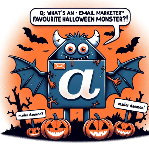 Illustration of an email icon dressed as a monster, with the Mailer Daemon label, surrounded by spooky email notifications. Caption_ Q_ Whats an ema-1