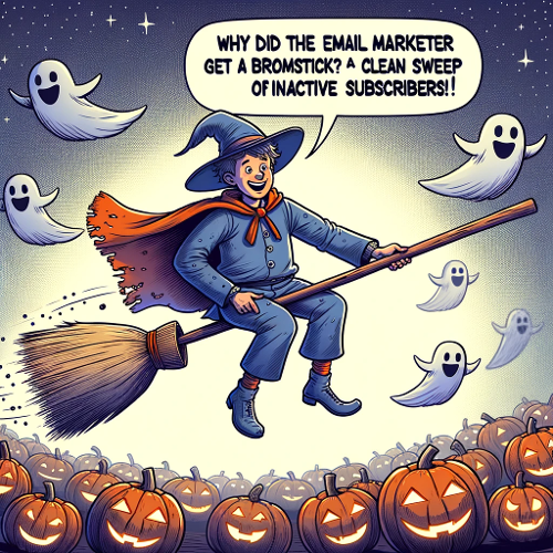 Illustration of an email marketer riding a broomstick, sweeping away ghostly inactive email icons. Caption_ Why did the email marketer get a broomsti-1