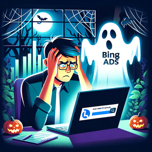 Illustration of a marketer looking frustrated at his computer, with a ghostly Bing Ads logo and low search volume graph. Background shows a haunted am-1