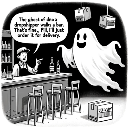 Illustration of a ghostly dropshipper floating in a bar, with the bartender pointing towards the exit. Packages with delivery labels float nearby. C-1