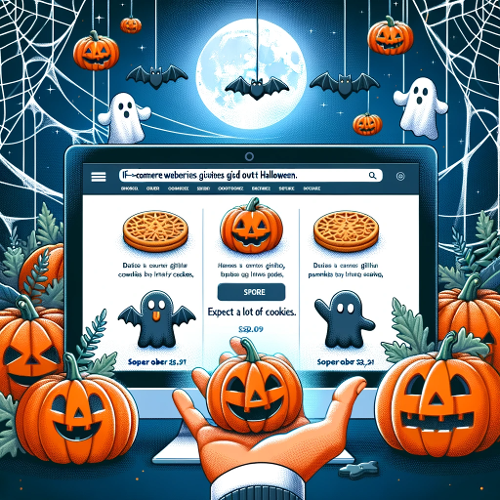 Illustration of a festive e-commerce website decorated with pumpkins and cobwebs, where a hand extends from the screen offering digital cookies shaped-1