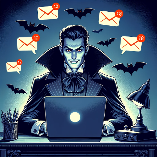 DALL·E 2023-10-27 11.15.21 - Illustration of a male vampire sitting at a gothic desk, browsing through emails on his laptop with a smug expression. Email notification icons with b-2