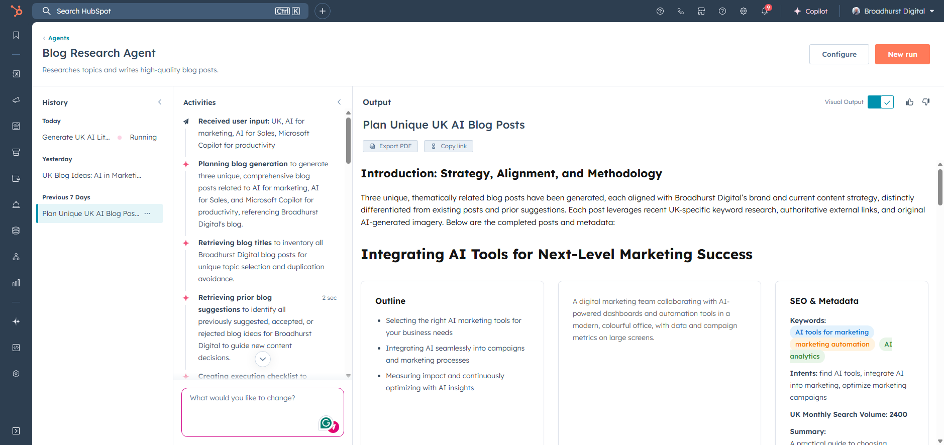 Screenshot of the HubSpot Breeze Studio Blog Research Agent. The left panel shows a history of recent runs, including tasks such as ‘Generate UK AI Lit…’ and ‘Plan Unique UK AI Blog Posts’. The centre panel lists activities such as receiving user input, planning blog generation, and retrieving blog titles and prior suggestions. The right panel displays the output titled ‘Plan Unique UK AI Blog Posts’, including an introduction and a blog draft titled ‘Integrating AI Tools for Next-Level Marketing Success’. The output section includes an outline, example blog text, SEO metadata with keywords and intents, and a search volume figure.