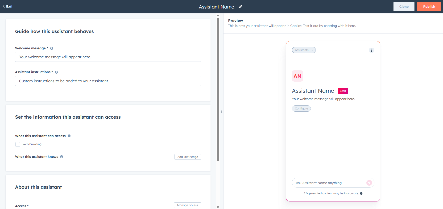 Screenshot of the Breeze Studio assistant builder interface. The left panel shows editable fields including ‘Welcome message’, ‘Assistant instructions’, options for setting assistant access like web browsing, and access management. The right panel provides a live preview of the assistant, displaying a placeholder name ‘Assistant Name’, a welcome message placeholder, and buttons for configuring and testing the assistant. At the top right are ‘Clone’ and ‘Publish’ buttons.